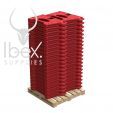 Red Alphabloc barriers stack up high on wooden pallet