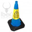 Blue cone with yellow danger sticker on white background