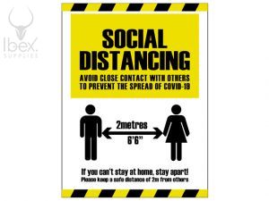 Black and yellow social distancing warning sign on white background