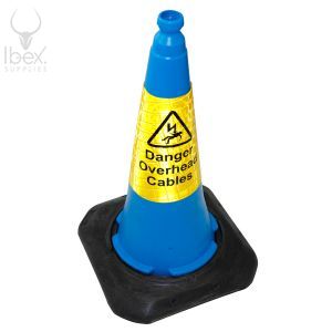 Blue cone with yellow danger sticker on white background