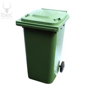 Green 240 litre wheelie bin on a white background