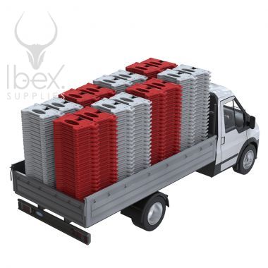 Red and white Alphabloc barriers stacked up in back of chassis van