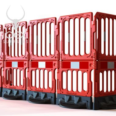 Line of connected red double toppers on red barriers on white background