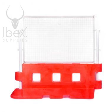 Red GB2 traffic barrier with white mesh fence on top on white background