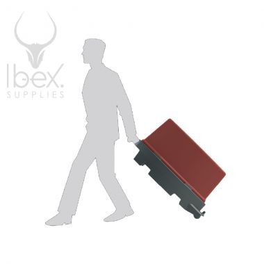 Person pulling a red and black road runner on white background