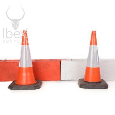 Orange and white traffic log barriers with orange and white traffic cones in front on a white background